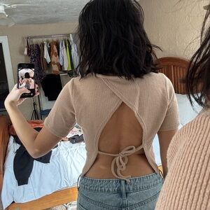 Hem & Thread Tan Ribbed Tie-Back Crop Top